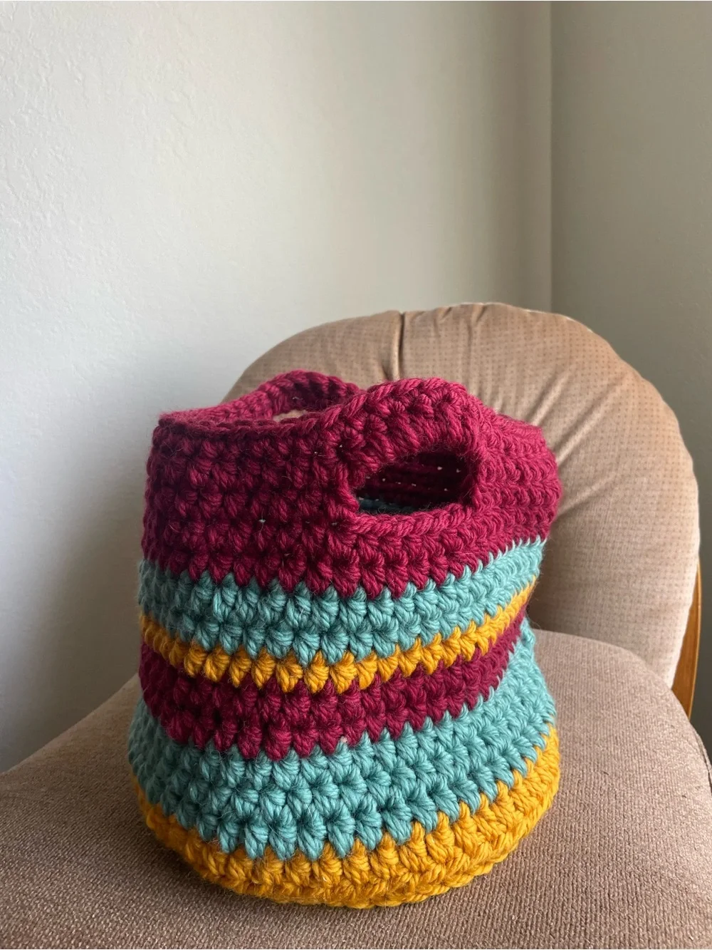 Handmade Crocheted Knit Maroon Yellow Teal Woven Basket